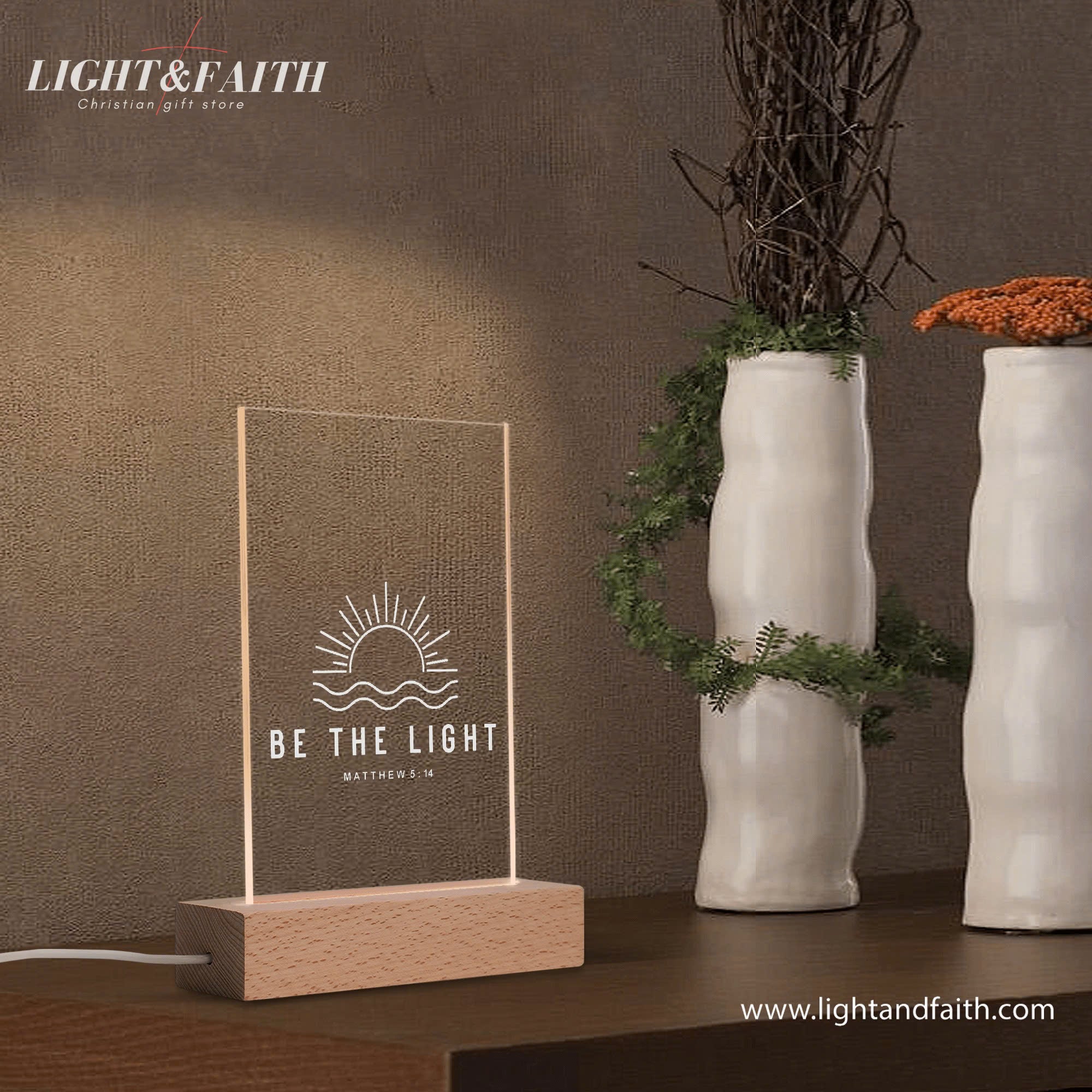 Be The Light Acrylic LED Night Light, Christian Bible Verse Lamp (Matthew 5:14), Faith-Inspired Home Decor with Custom Shape Design Options, Wooden Base, Perfect Religious Gift for Believers. NLLAF01